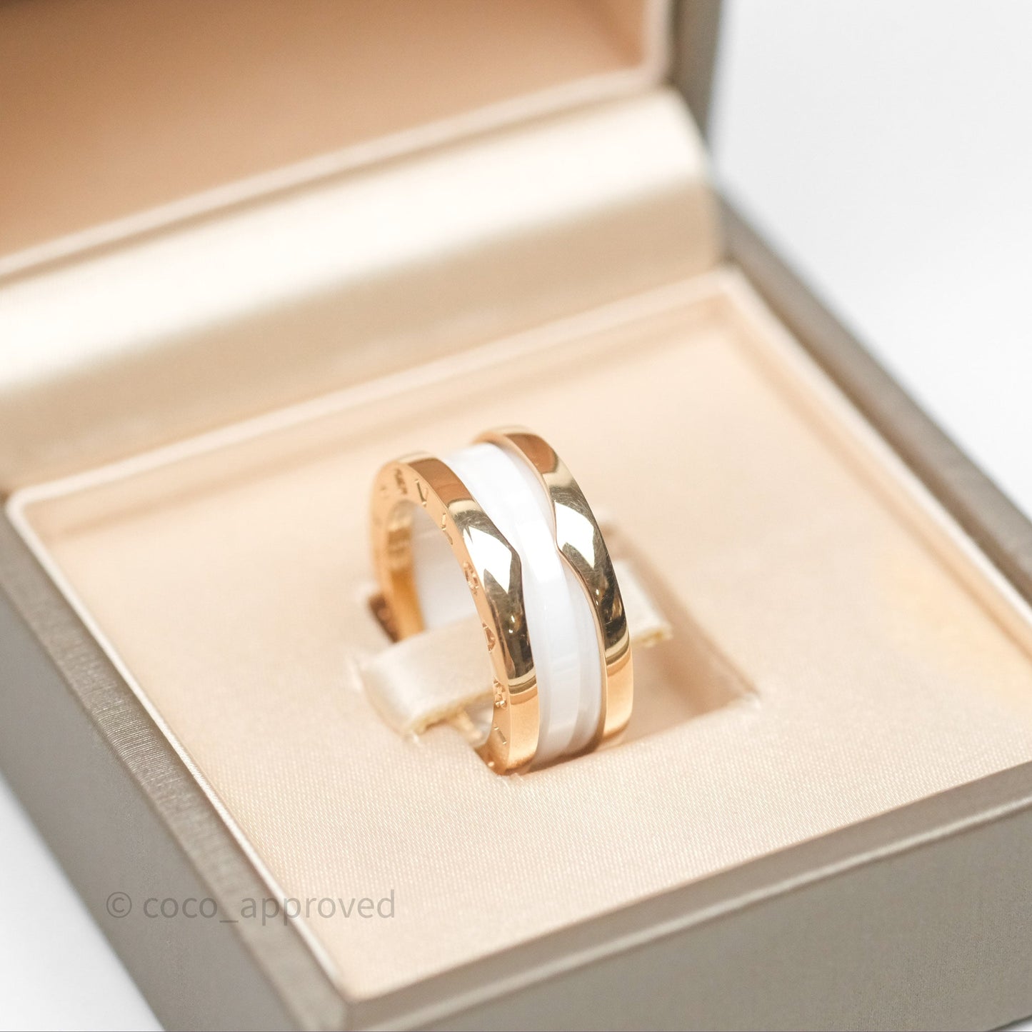 Bvlgari B.Zero1 Two-Band Ring White Ceramic Spiral 18K Rose Gold Size 49