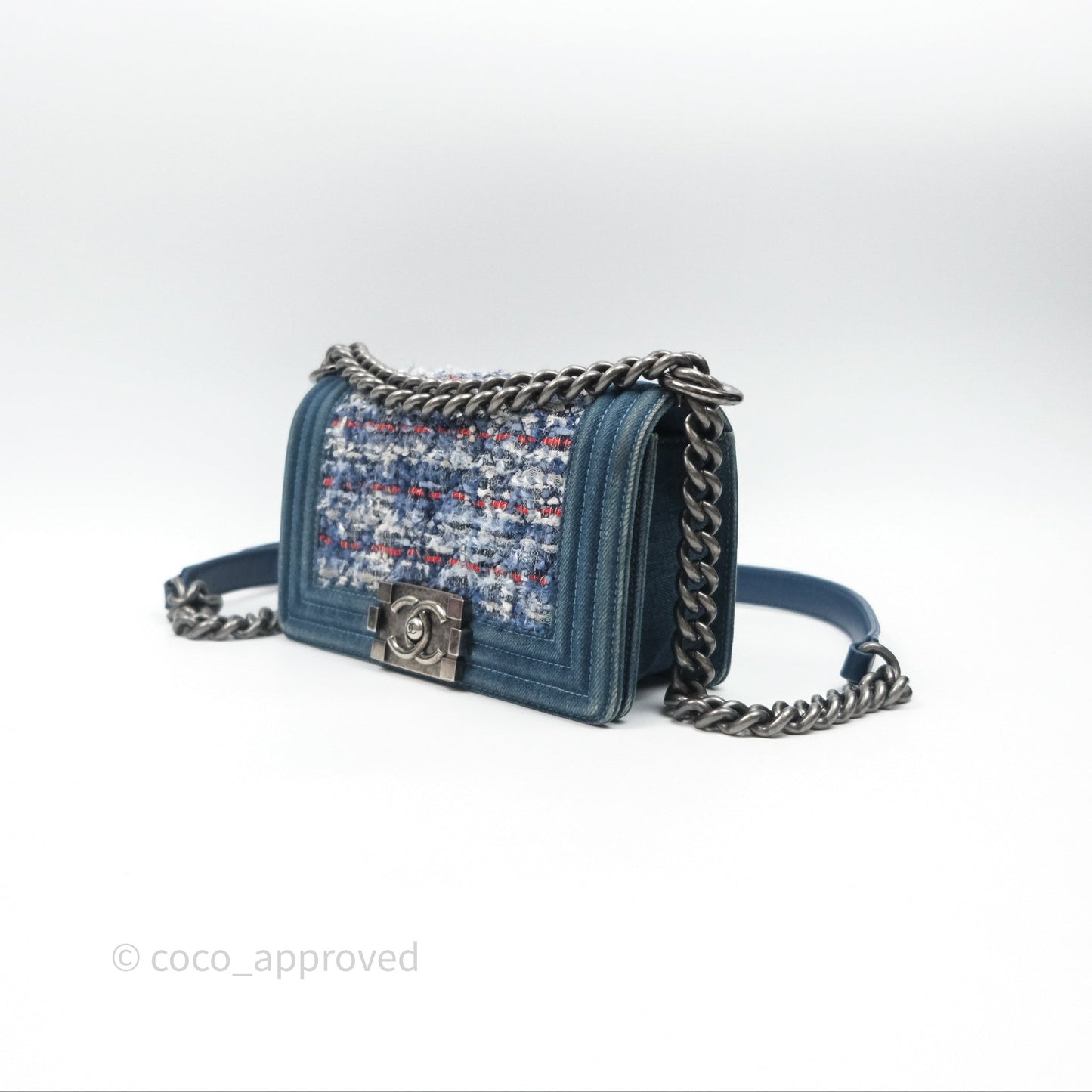 Chanel Small Boy Blue Denim Tweed Ruthenium Hardware