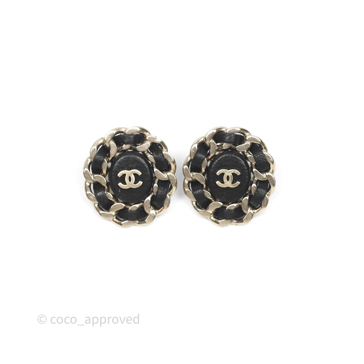 Chanel CC Black Leather Chain Round Earrings Aged Gold Tone 16B