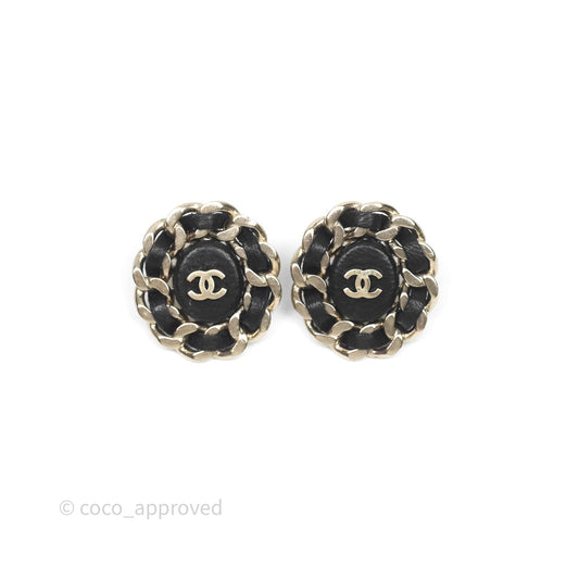 Chanel CC Black Leather Chain Round Earrings Aged Gold Tone 16B