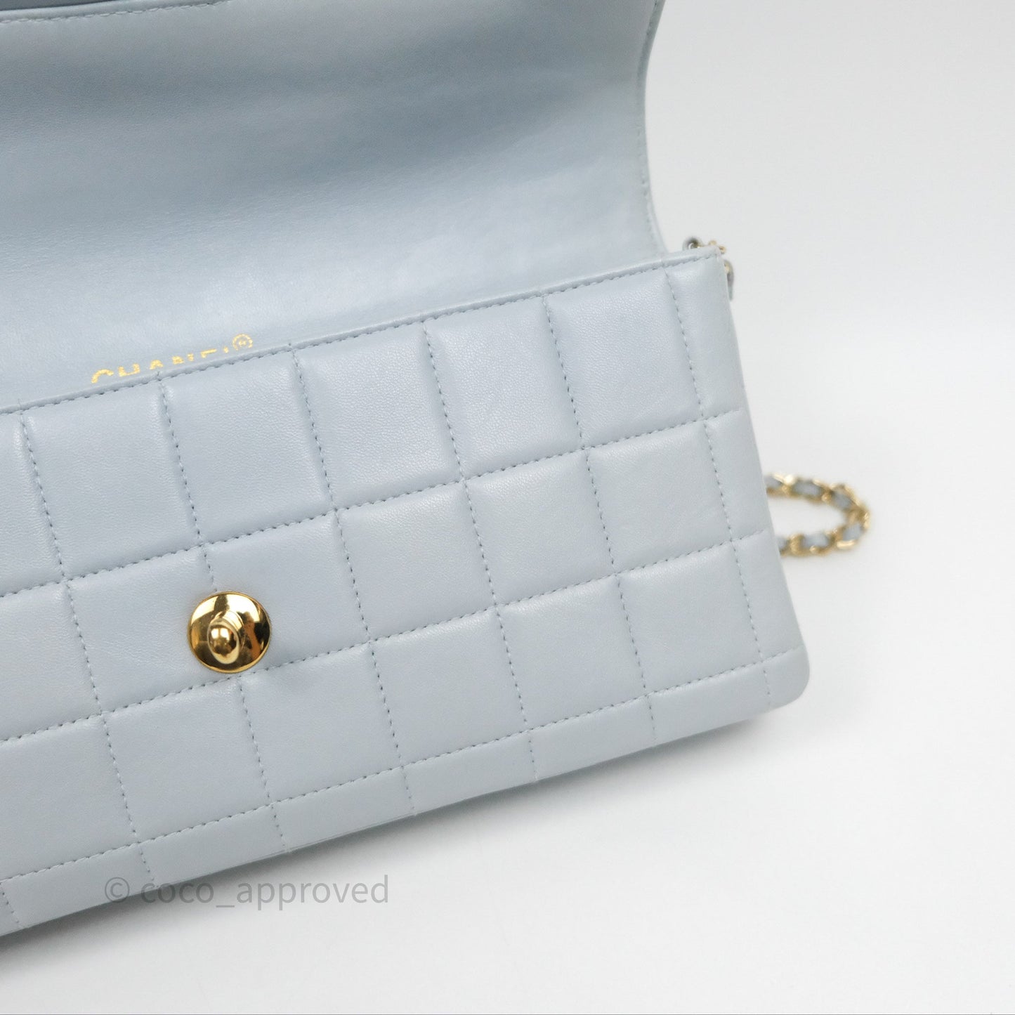 Chanel East West Chocolate Bar Flap Bag Blue Lambskin 24K Gold Hardware