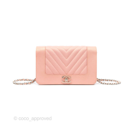 Chanel Mademoiselle Wallet On Chain WOC Chevron Iridescent Pink Caviar Silver Hardware