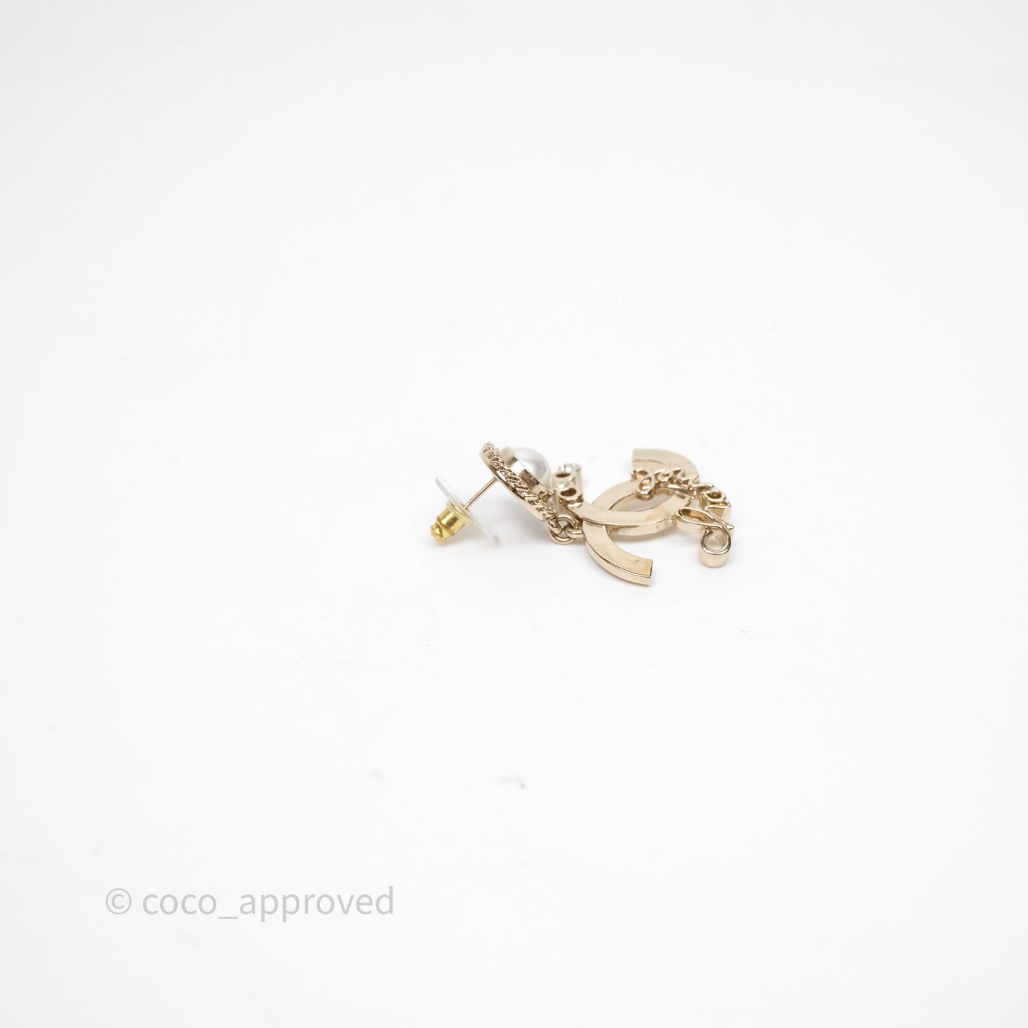 Chanel CC Coco Round Pearl Drop Earrings Gold Tone 22P