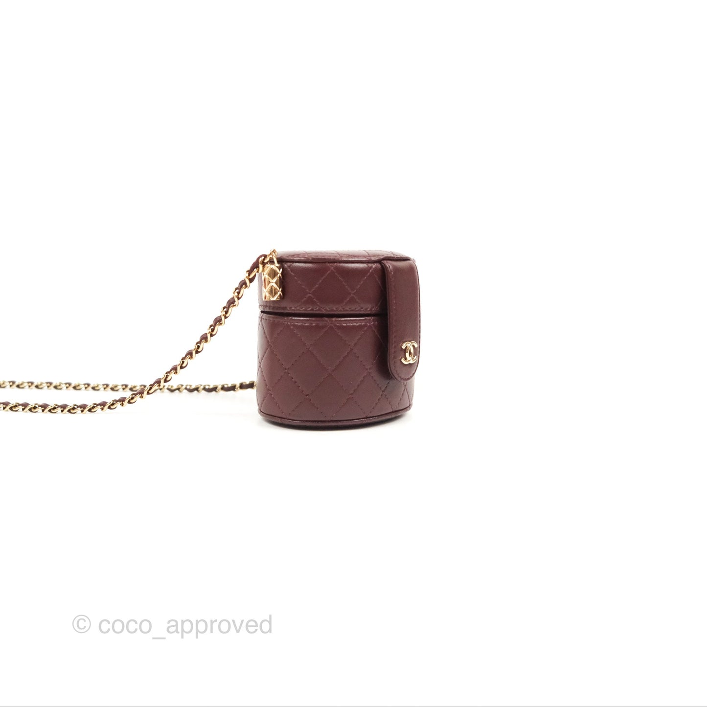 Chanel Quilted Round Vanity Clutch With Chain Burgundy Lambskin Gold Hardware