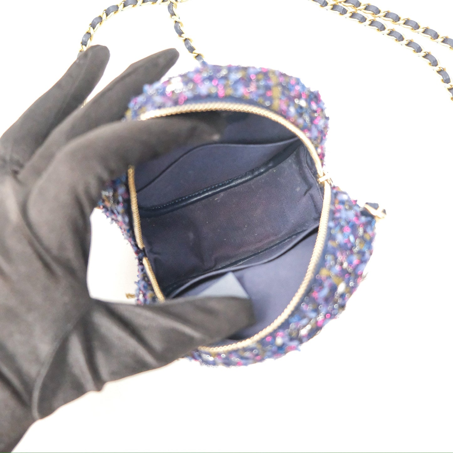 Chanel Classic Quilted Round Clutch With Chain Navy Tweed Gold Hardware