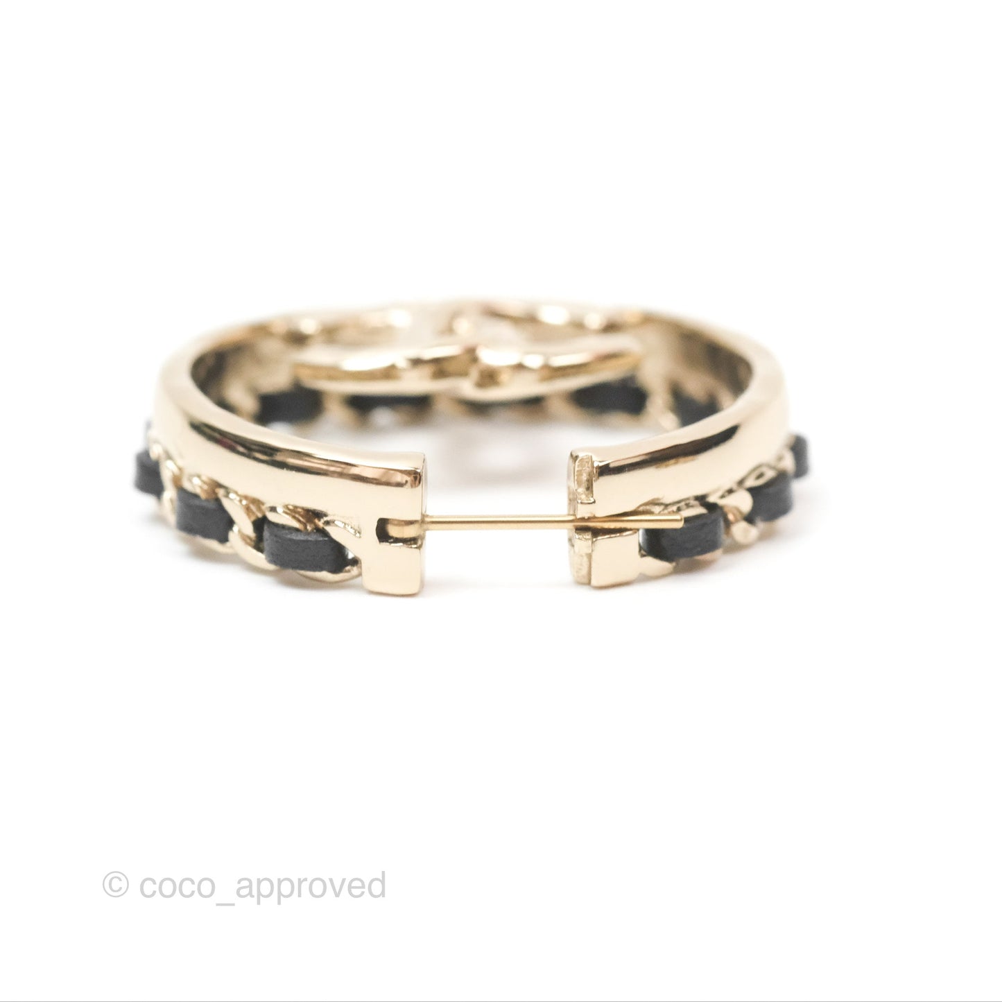 Chanel Gold Hoop Black Leather CC Earrings 22P