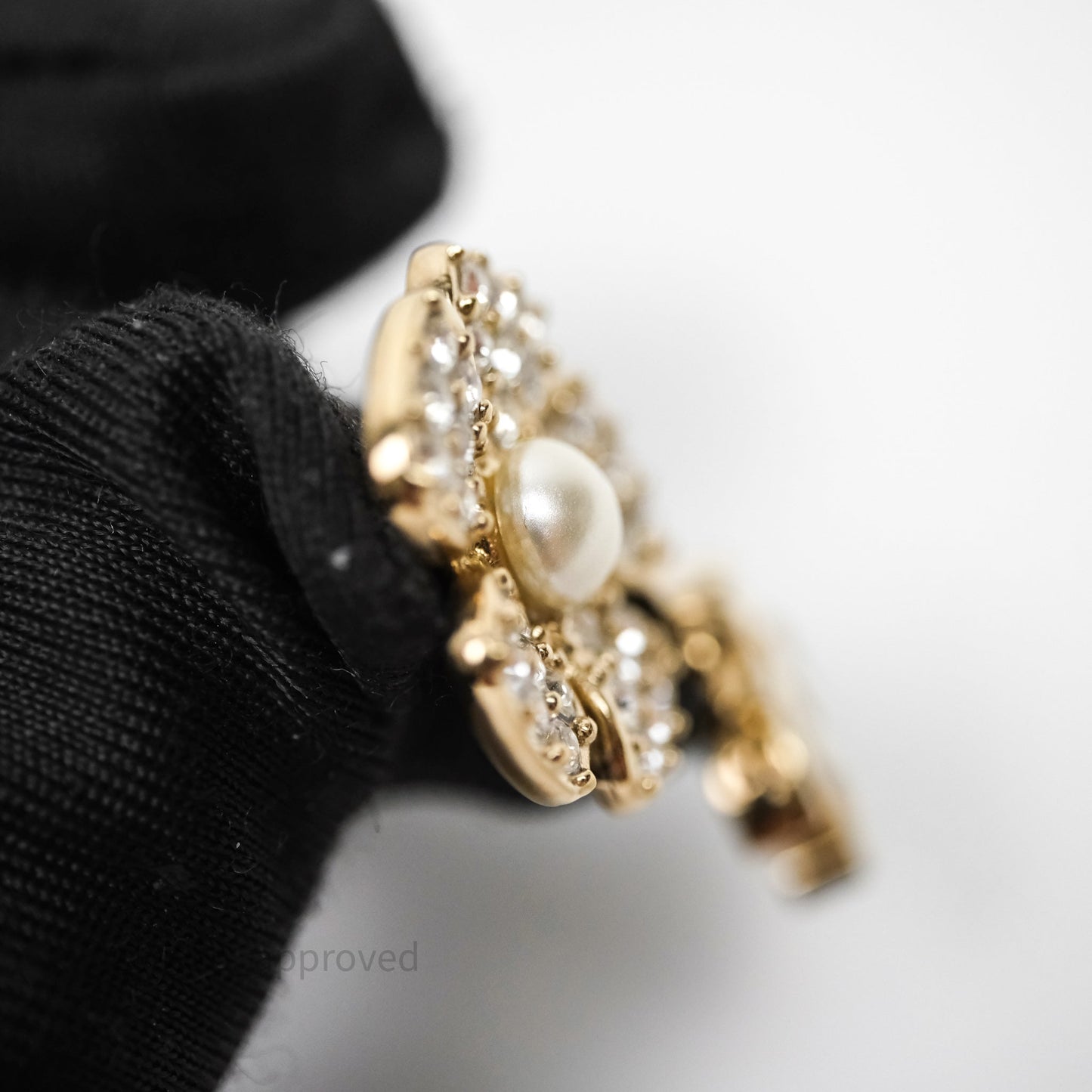 Chanel Crystals Pearl Flower Drop CC Earrings Gold Tone 23S