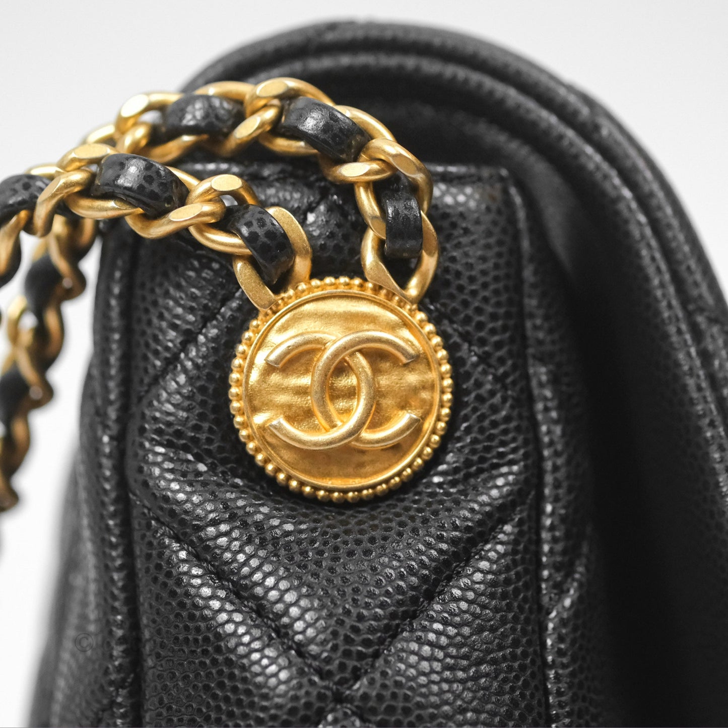Chanel Mini Flap with Coin Charm Black Caviar Aged Gold Hardware 22A