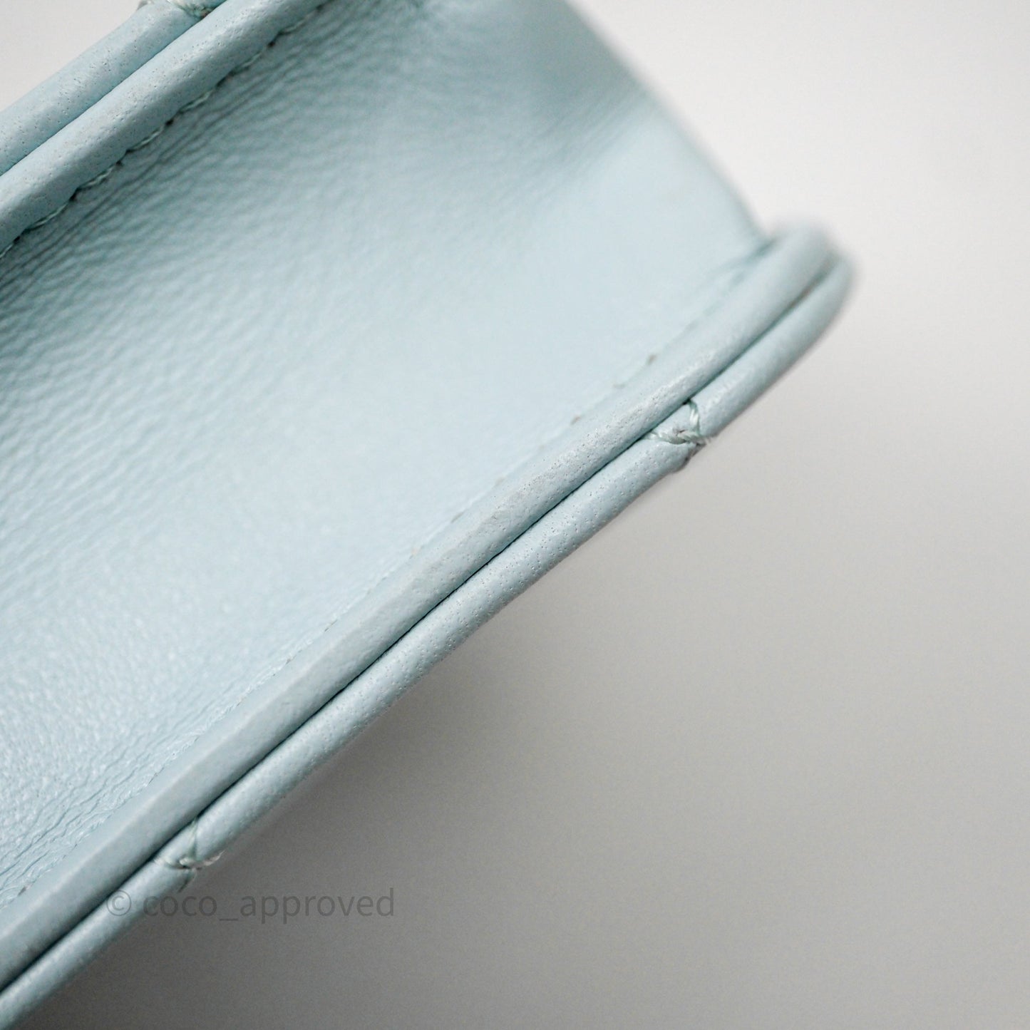 Chanel Mini Handle Flap Coin Purse With Chain Light Blue Lambskin Gold Hardware