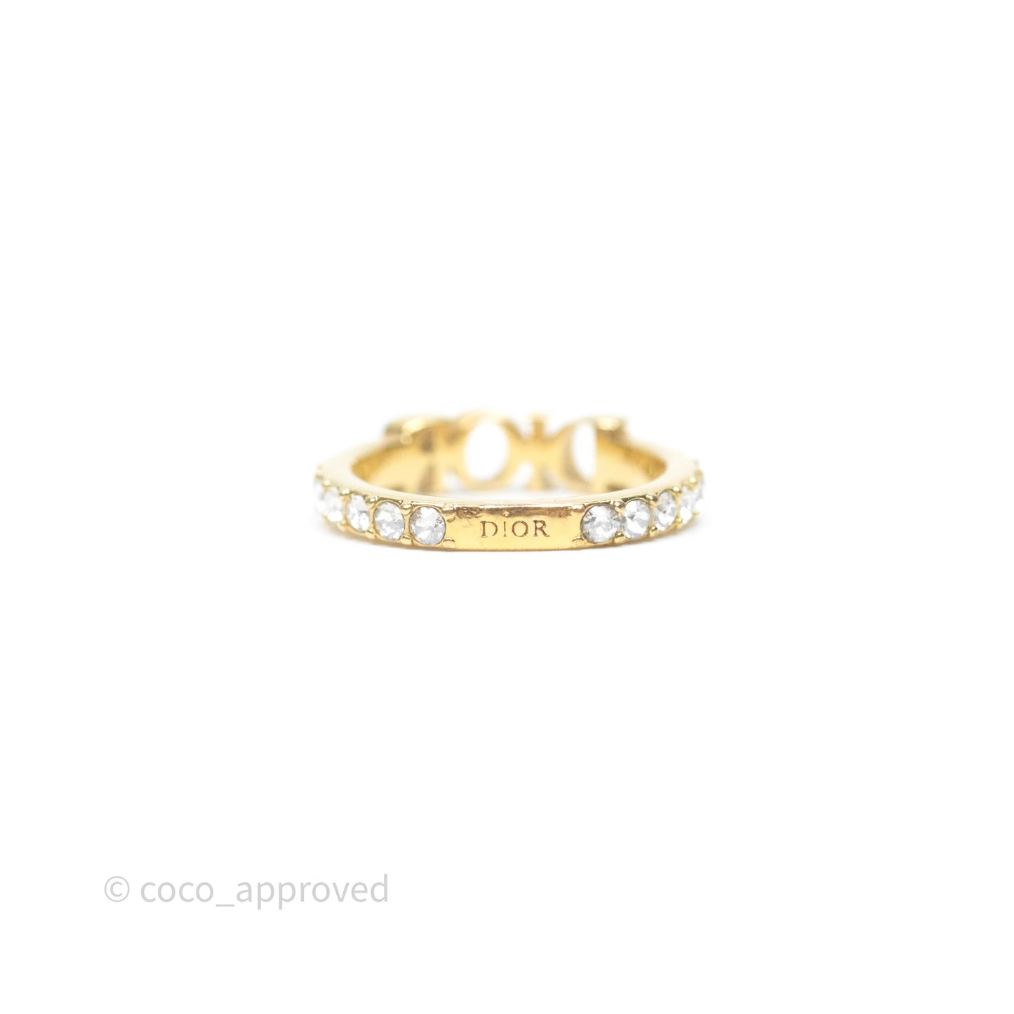 Christian Dior Crystal Logo Ring Gold Tone Size M