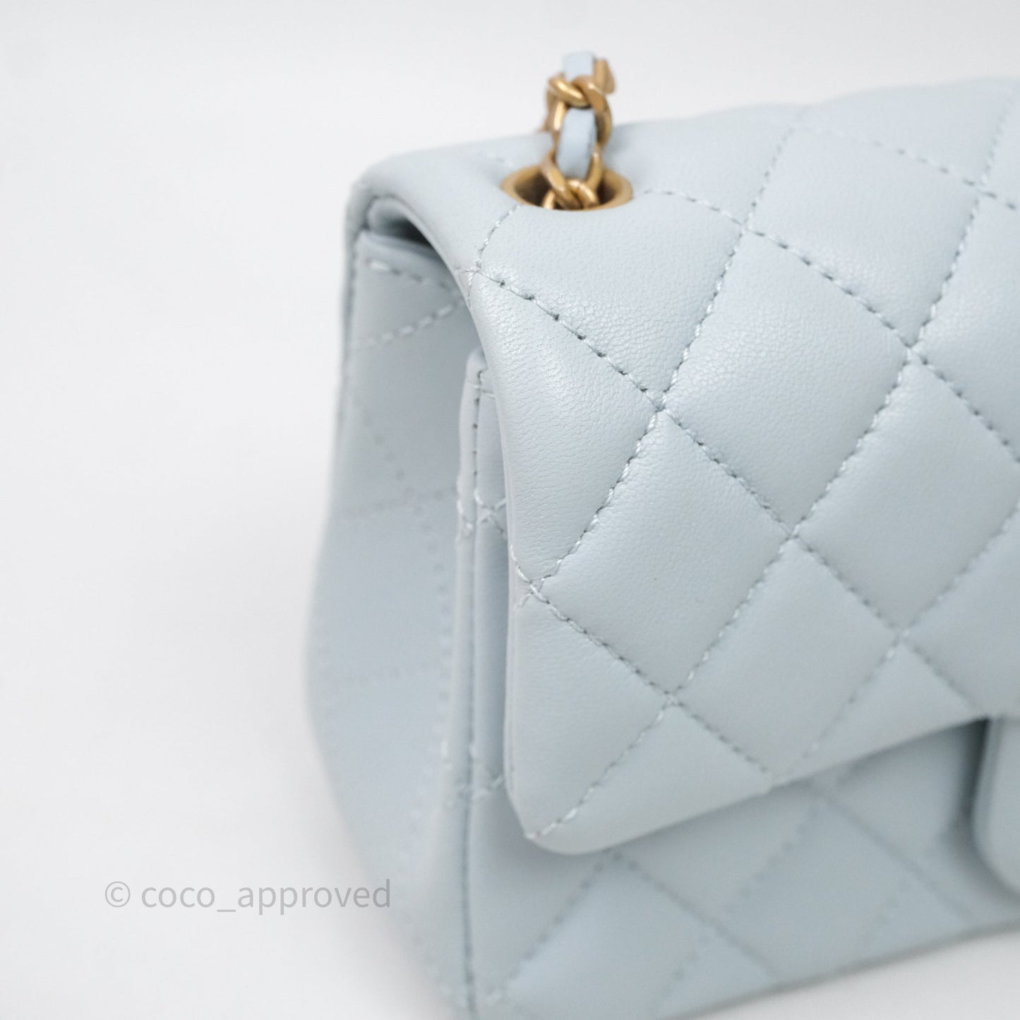 Chanel Pearl Crush Mini Rectangular Light Blue Lambskin Aged Gold Hardware