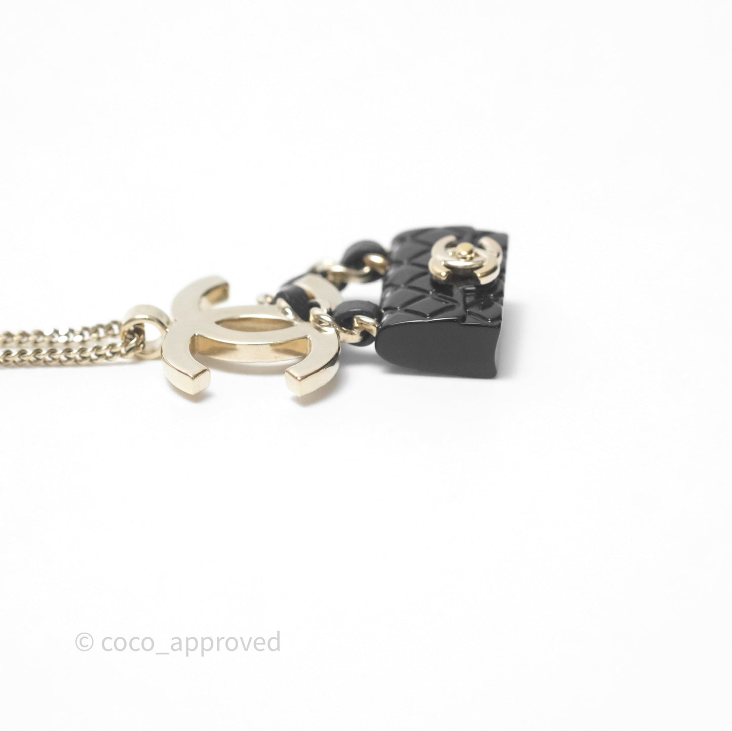 Chanel CC Black Flap Bag Pendant Necklace Gold Tone