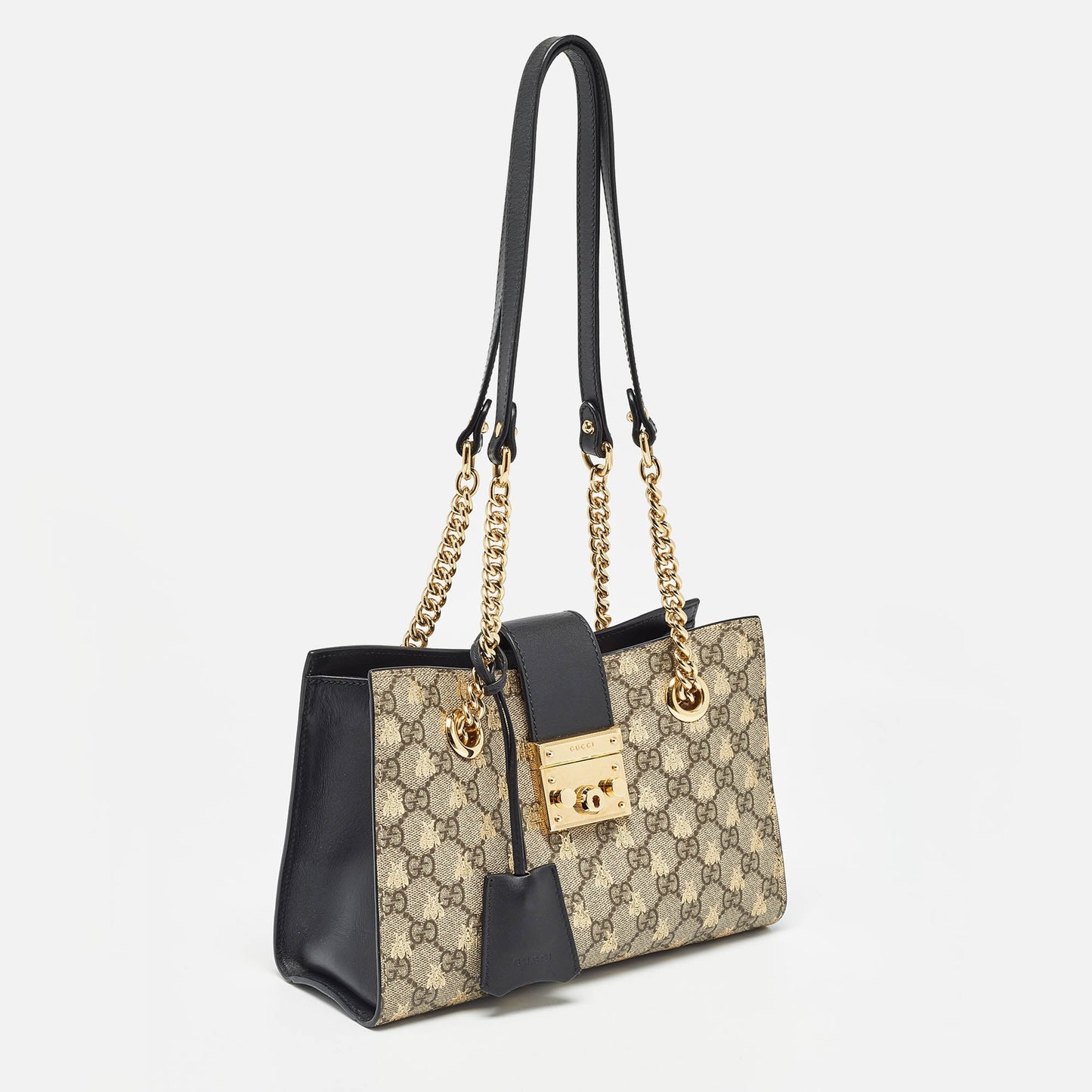 Luxury Gucci Trending 2025 Black/beige Gg Supreme Canvas And Leather Small Padlock Bee Tote