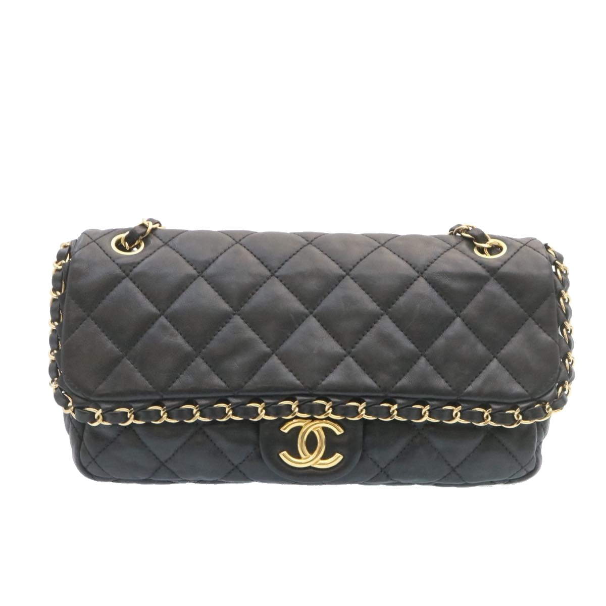 CHANEL Matelasse Chain Flap Shoulder Bag Lamb Skin Black Gold CC  27027A