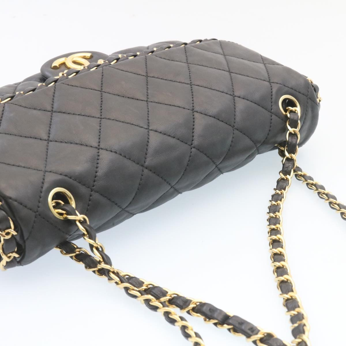 CHANEL Matelasse Chain Flap Shoulder Bag Lamb Skin Black Gold CC  27027A
