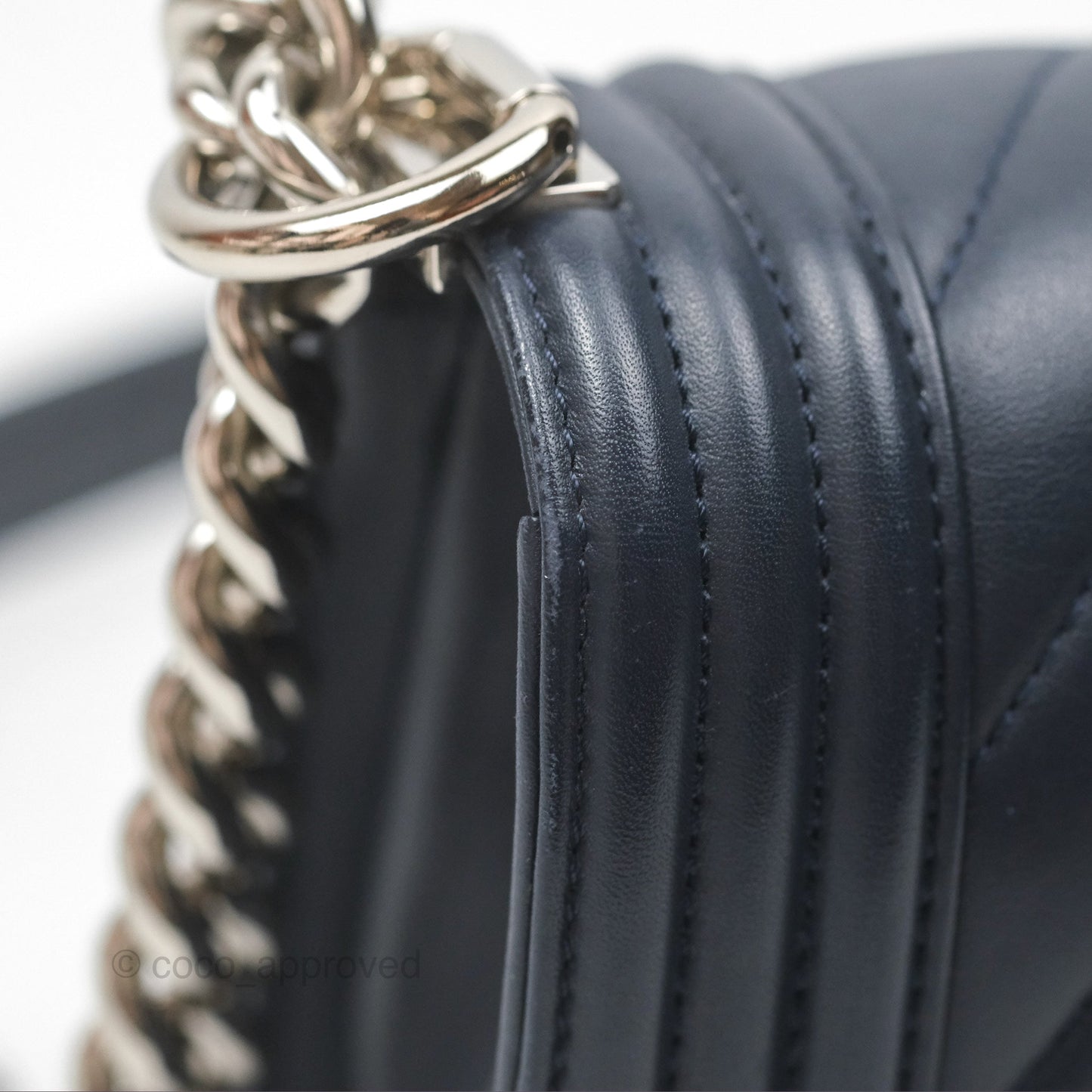 Chanel Small Chevron Boy Navy Calfskin Silver Hardware