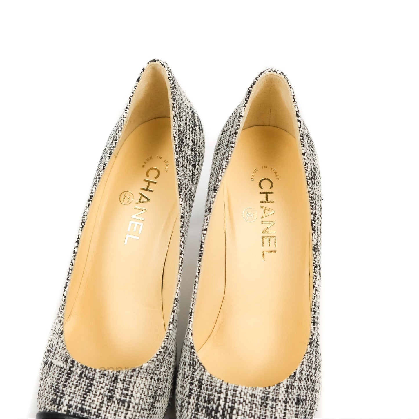 Chanel Classic Tweed And Black Calfskin Heels Size 38.5
