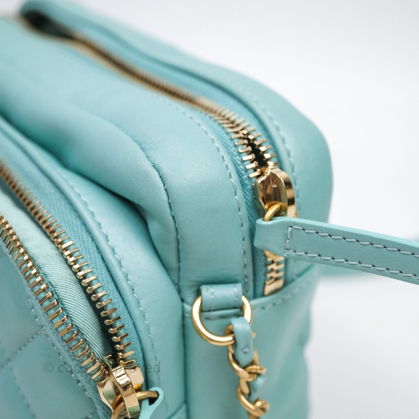 Chanel Camera Bag Quilted Pearly Turquoise Lambskin Aged Gold Hardware