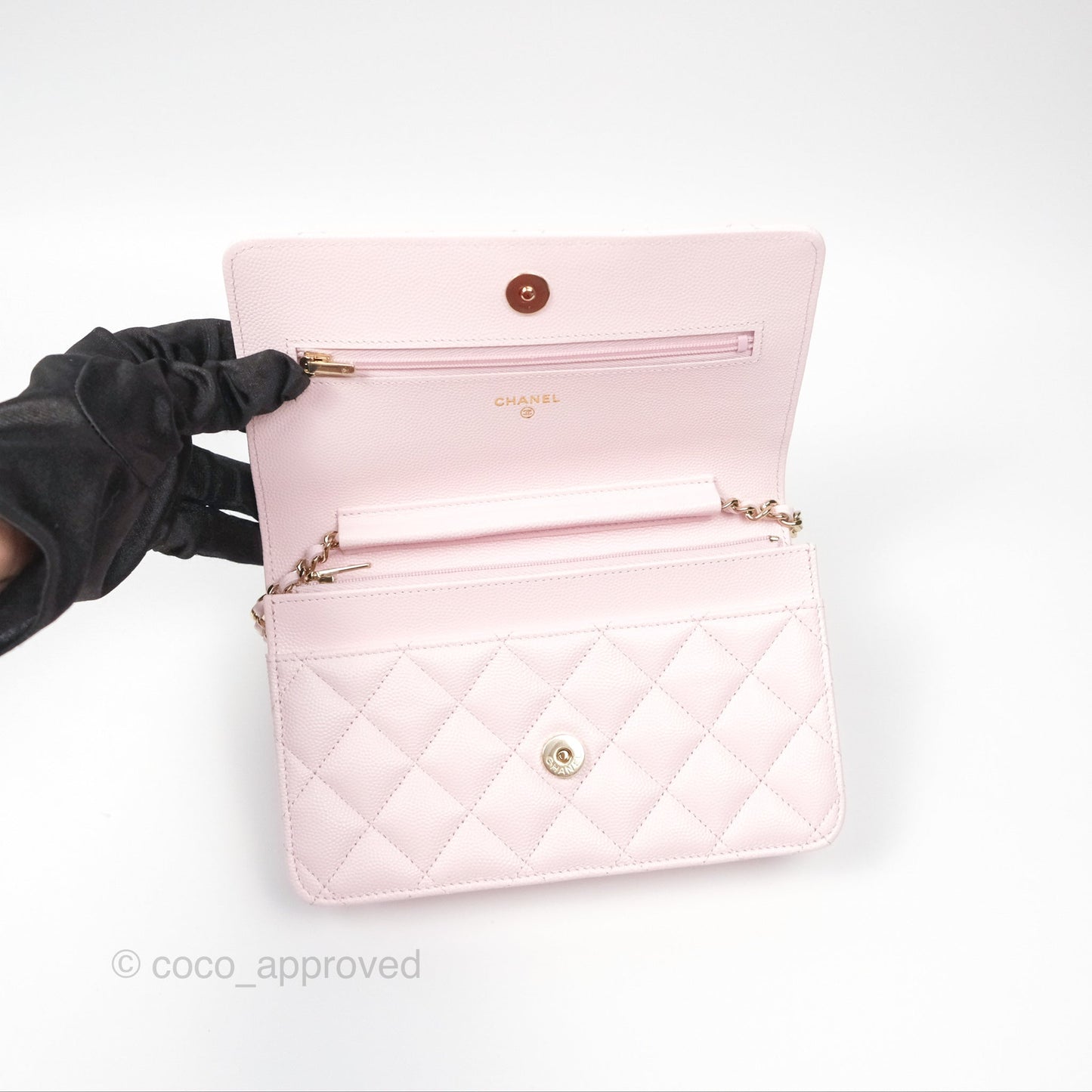 Chanel Classic Quilted Wallet On Chain WOC Sakura Pink Caviar Gold Hardware