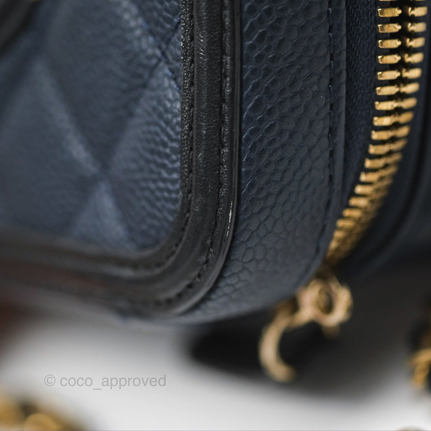 Chanel Quilted Small CC Filigree Vanity Case Navy Black Caviar Gold Hardware