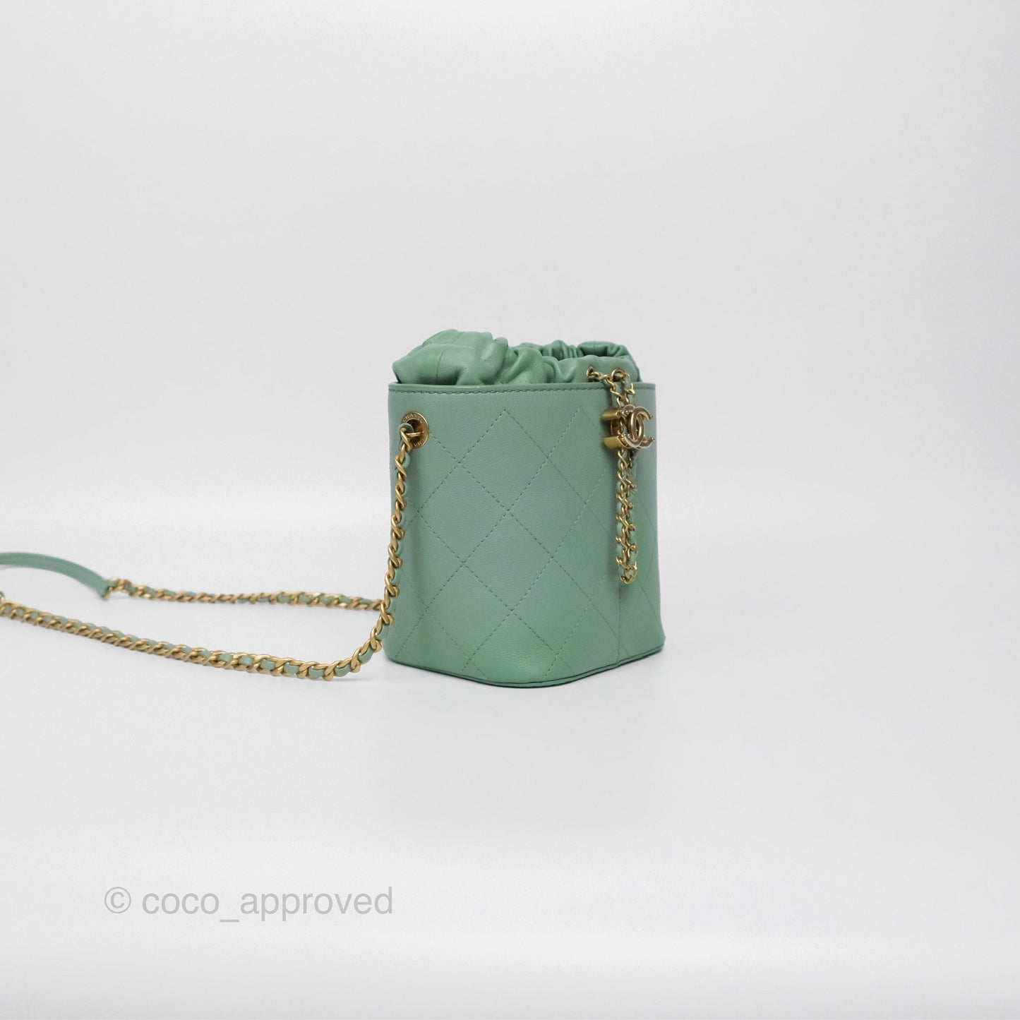 Chanel Drawstring Bucket Bag Quilted Green Caviar Aged Gold Hardware