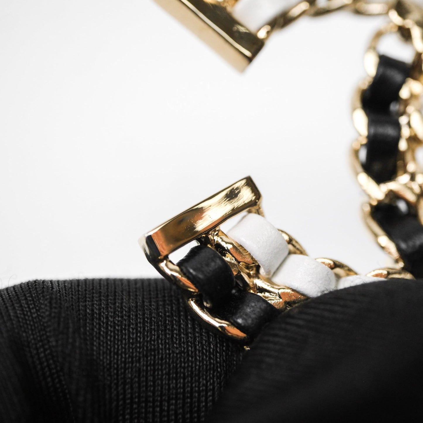 Chanel CC Braided Leather Black & White Brooch Gold Tone 22A