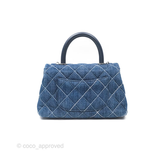 Chanel Small Coco Handle Quilted Contrast Stitch Denim Silver Hardware