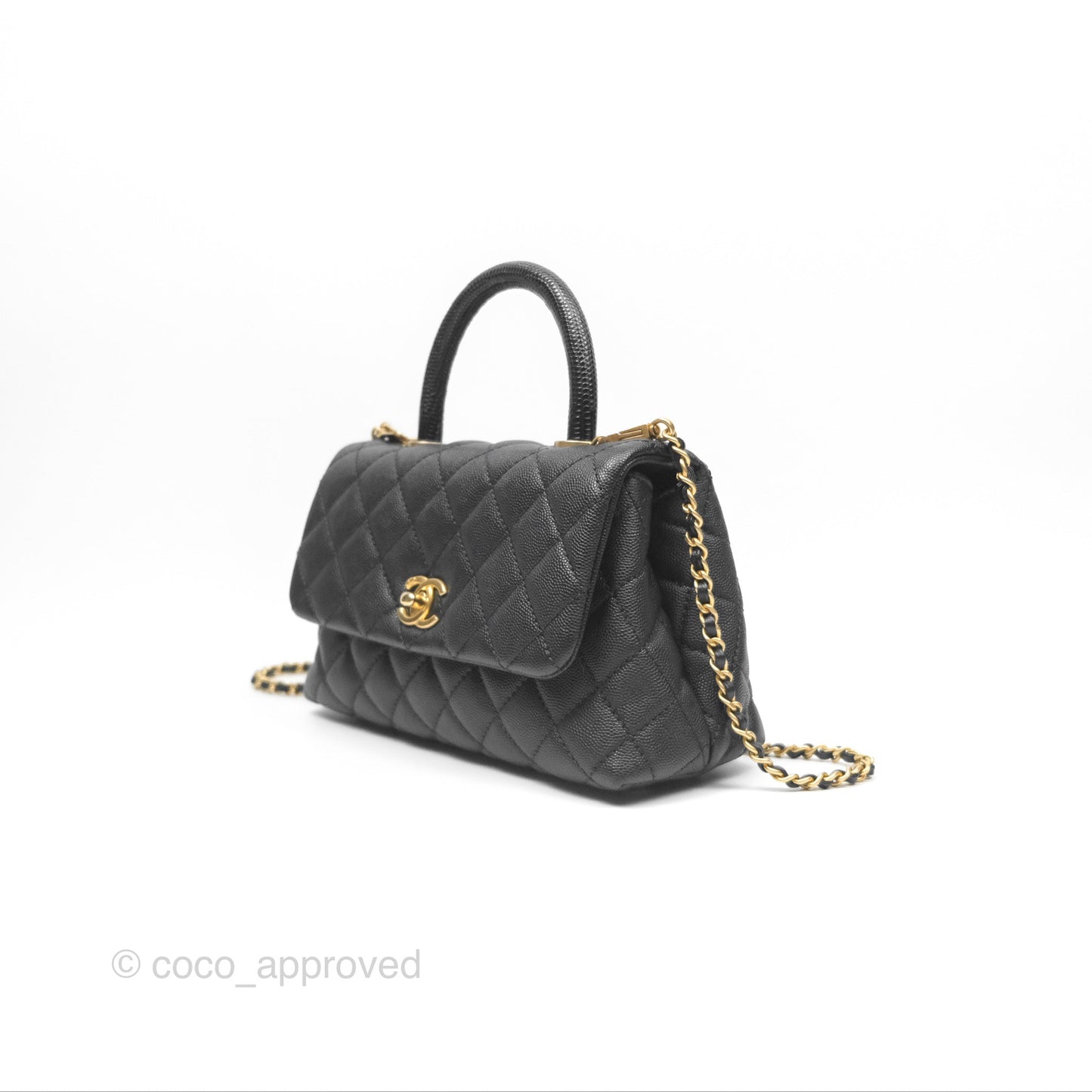 Chanel Small Coco Handle Quilted Black Caviar Aged Gold Hardware Lizard Handle