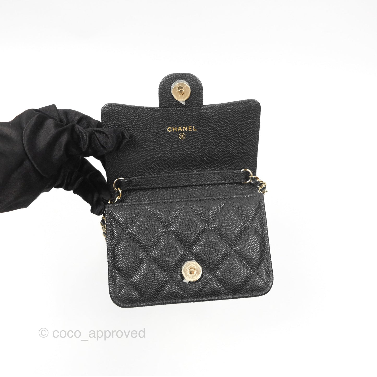 Chanel Mini Wallet Card Holder With Chain Black Caviar Gold Hardware