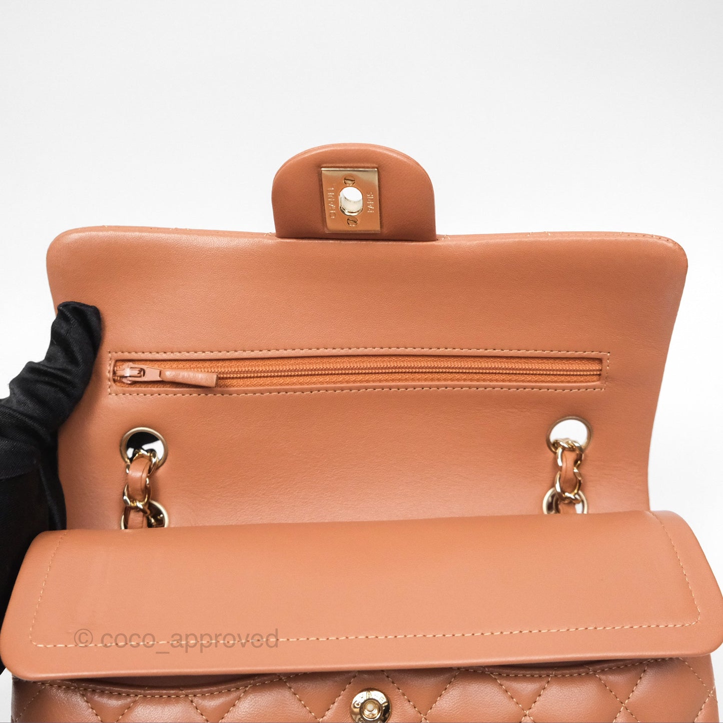 Chanel Small Classic Quilted Flap Dark Beige Caramel Lambskin Gold Hardware
