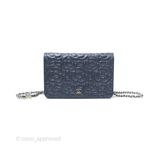 Chanel Camellia Wallet on Chain WOC Iridescent Navy Calfskin Silver Hardware