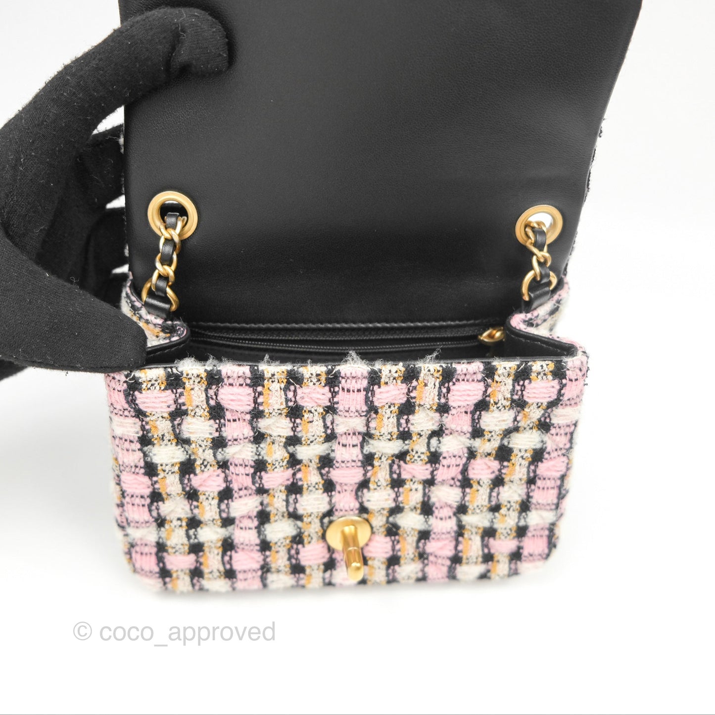 Chanel Pearl Crush Mini Square Quilted Pink Tweed Aged Gold Hardware