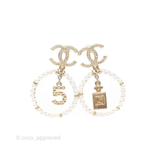 Chanel Crystals CC Drop Pearl Round No5 Perfume Bottle Earrings 20V