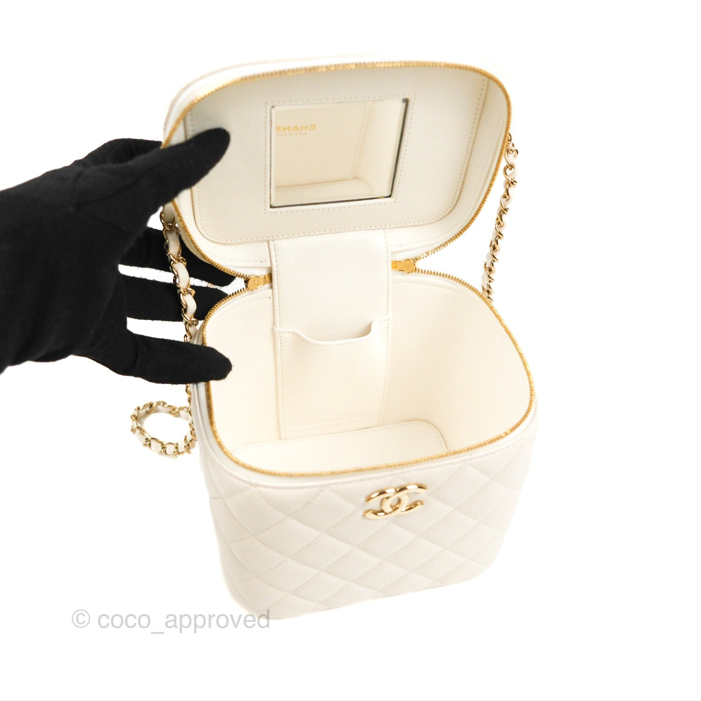 Chanel Quilted Top Handle Vanity Case White Caviar Gold Hardware