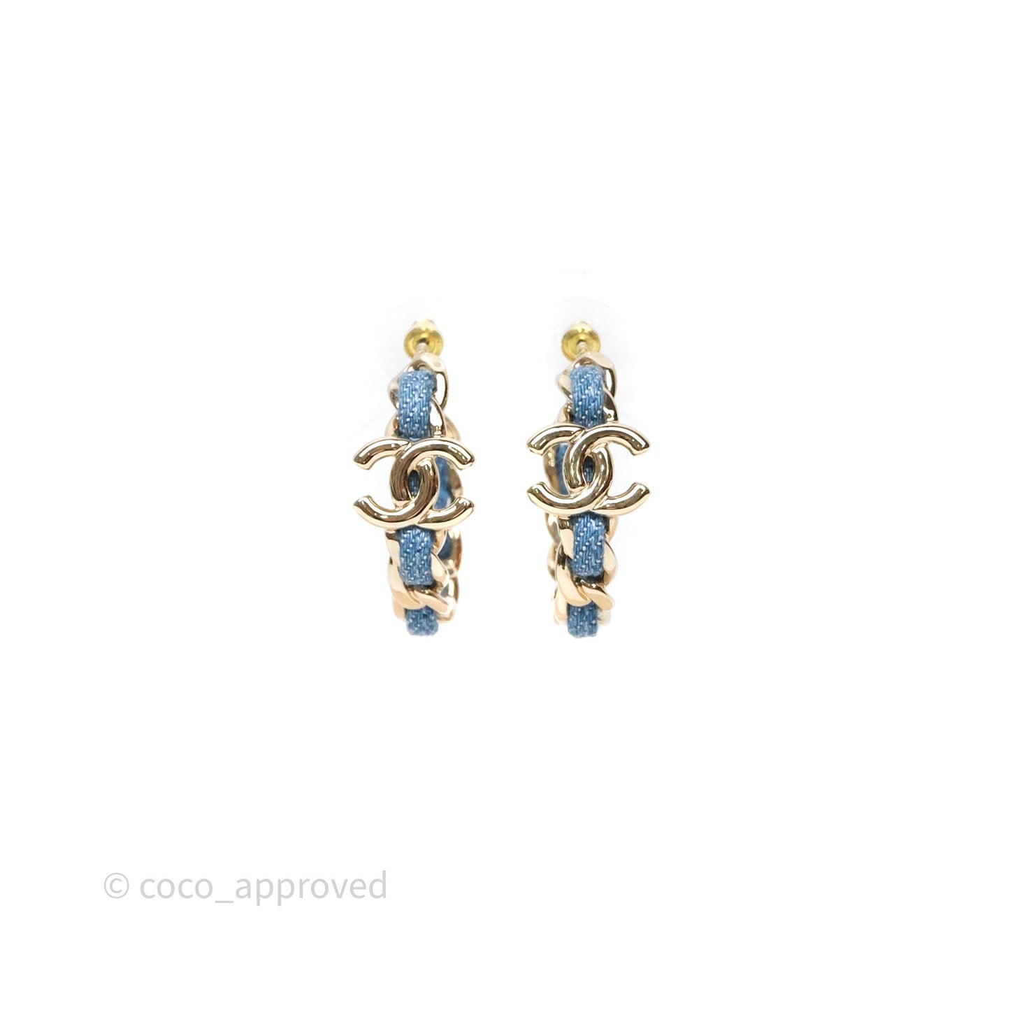 Chanel CC Denim Hoop Earrings Gold Tone