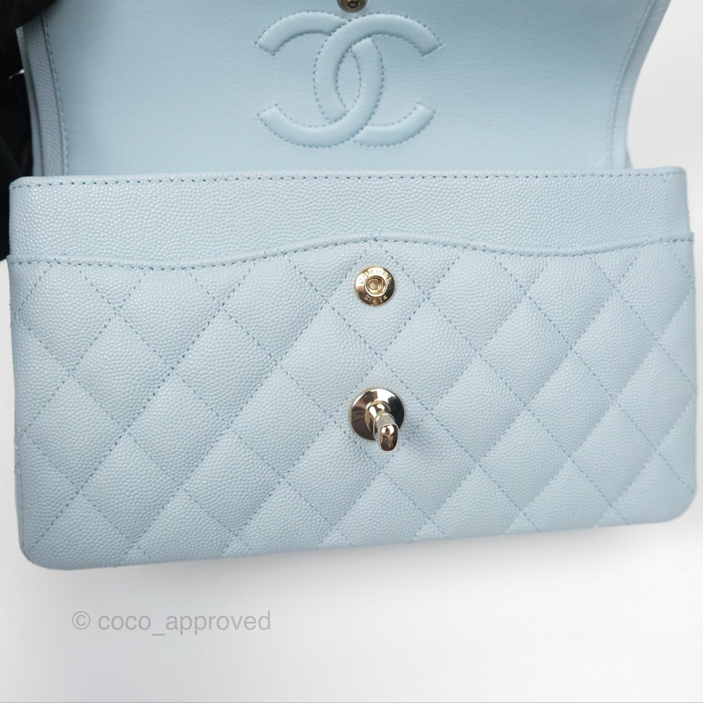 Chanel Small Classic Quilted Flap Light Blue Caviar Gold Hardware