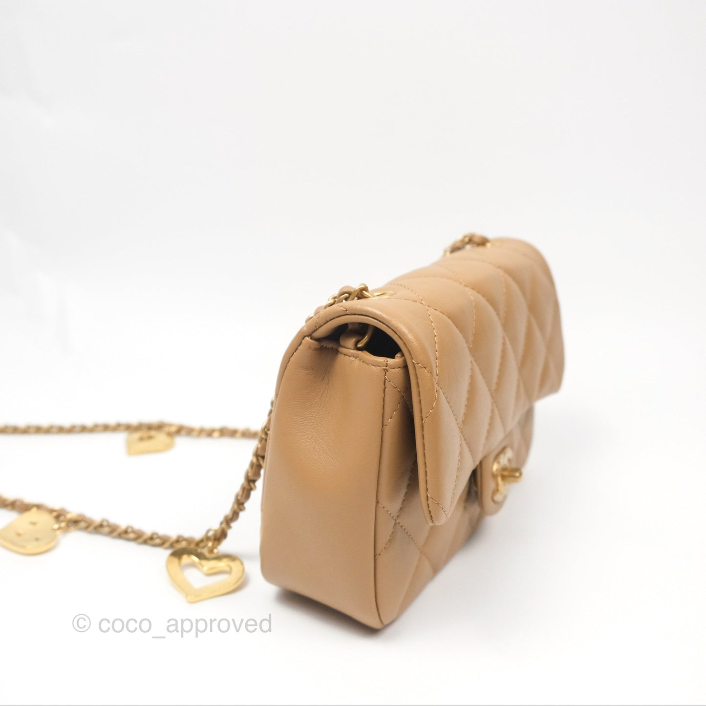 Chanel Mini Flap Bag With Heart CC Charm Beige Lambskin Aged Gold Hardware 22B