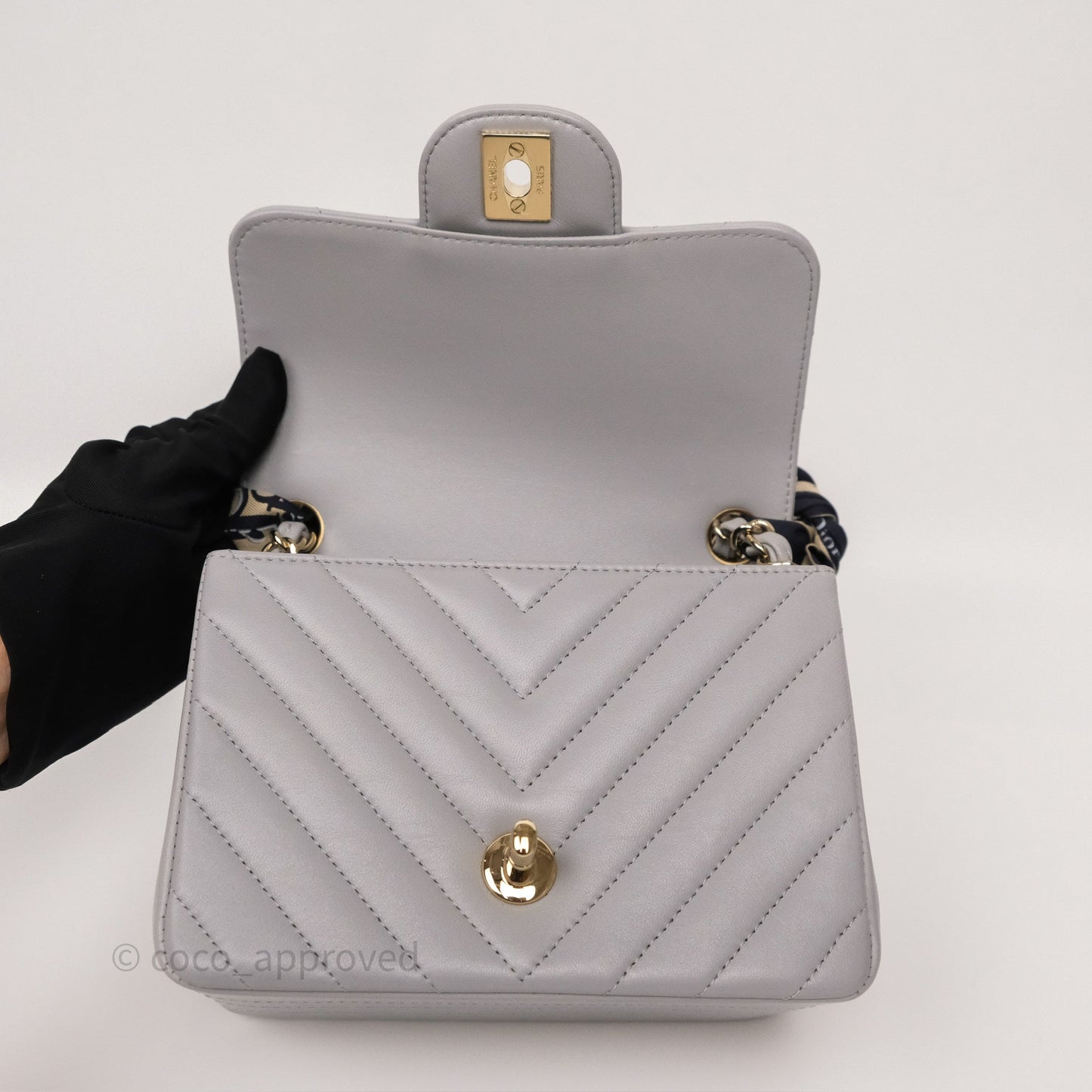 Chanel Mini Square Flap Chevron Grey Lambskin Gold Hardware