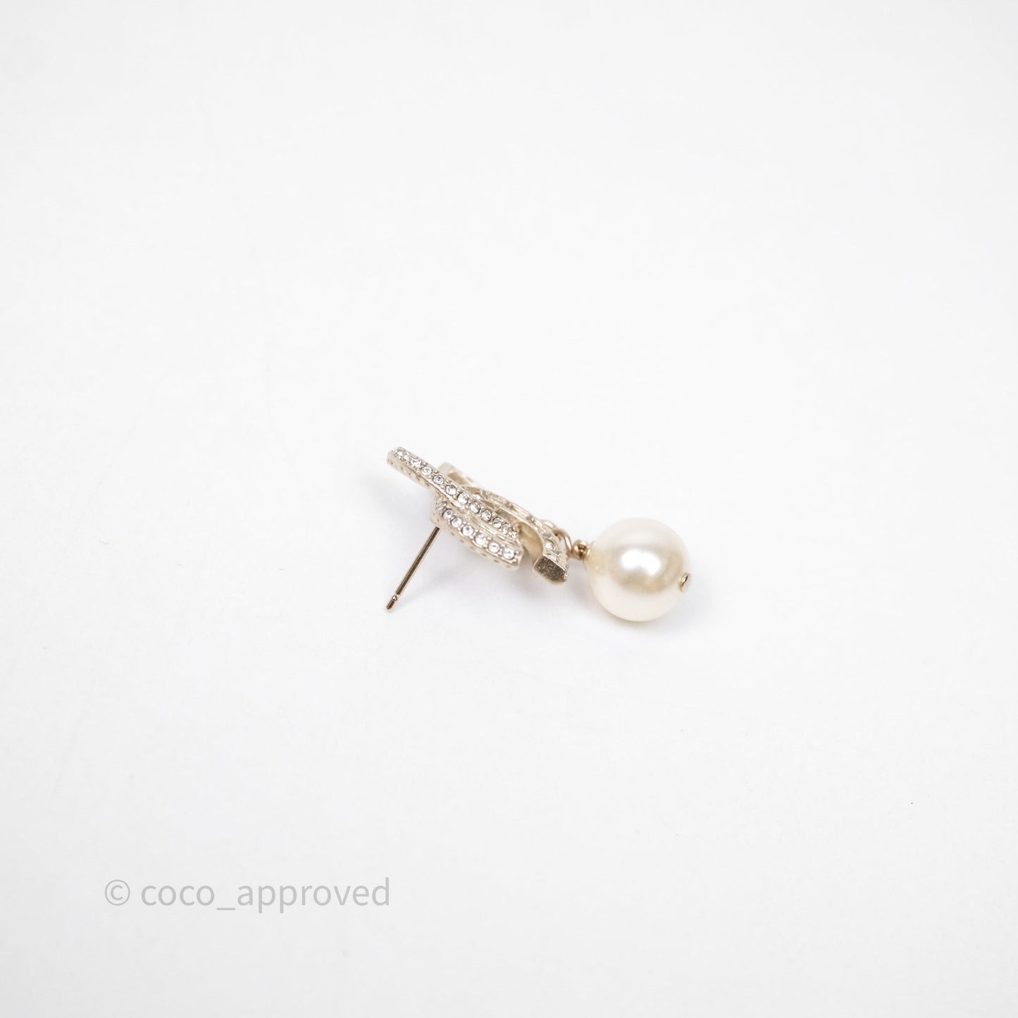 Chanel Crystal CC Pearl Drop Earrings Gold Tone 24V