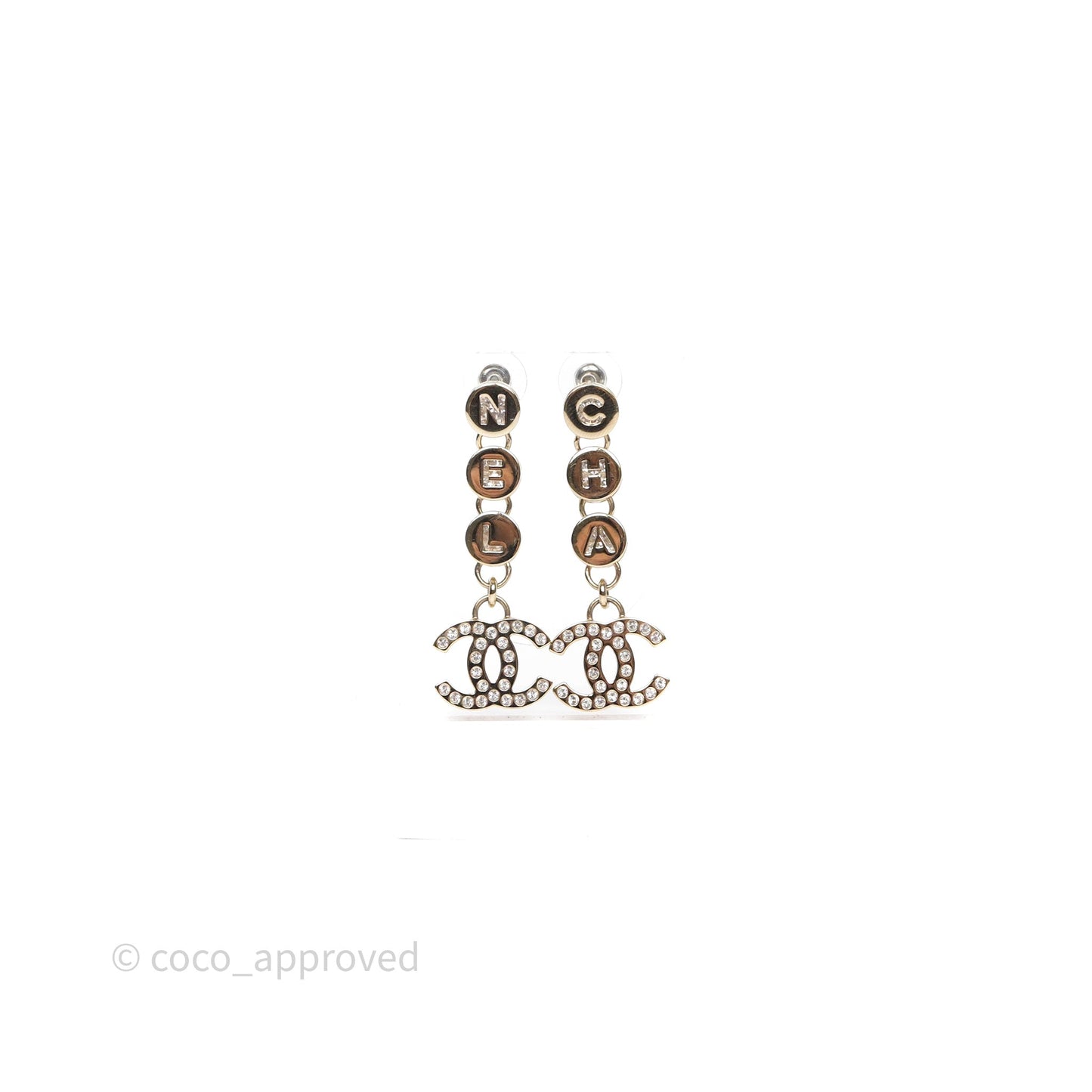 Chanel CC Logo Crystal Gold Tone Drop Earrings 24B