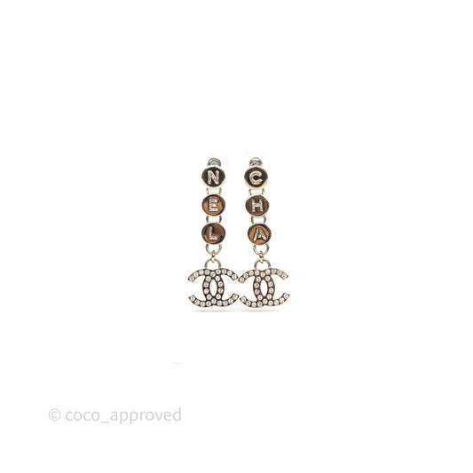 Chanel CC Logo Crystal Gold Tone Drop Earrings 24B