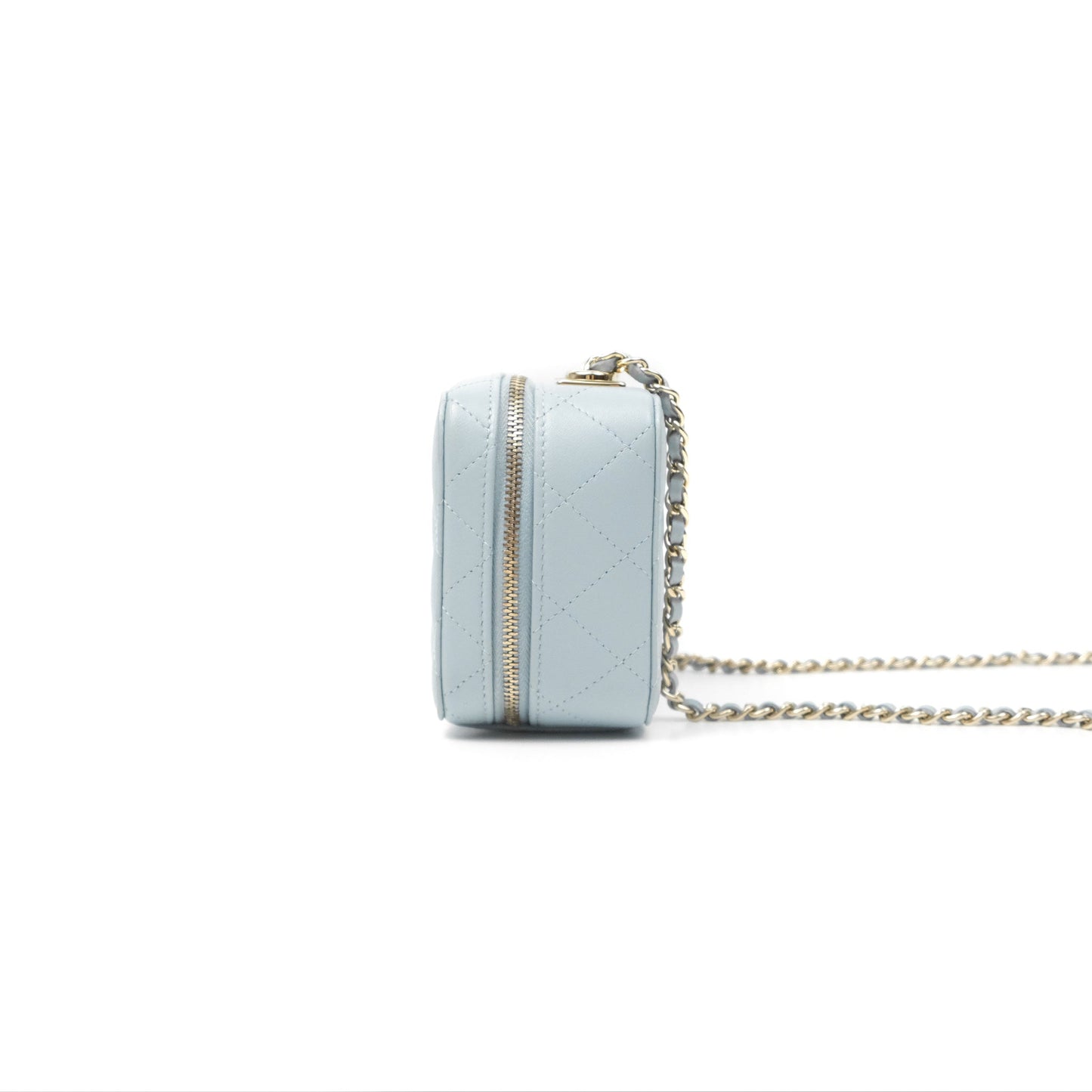 Chanel Mini Quilted Vanity Camera Case Light Blue Lambskin Gold Hardware