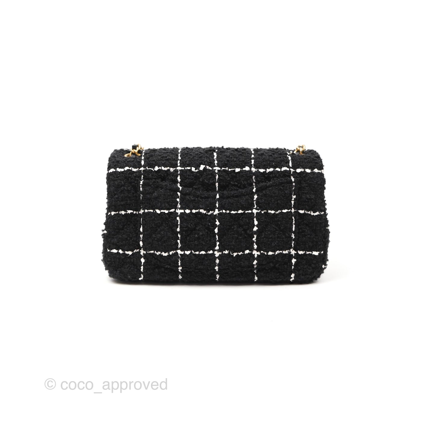Chanel Mini Rectangular Pearl Crush Tweed Black White Grid Aged Gold Hardware