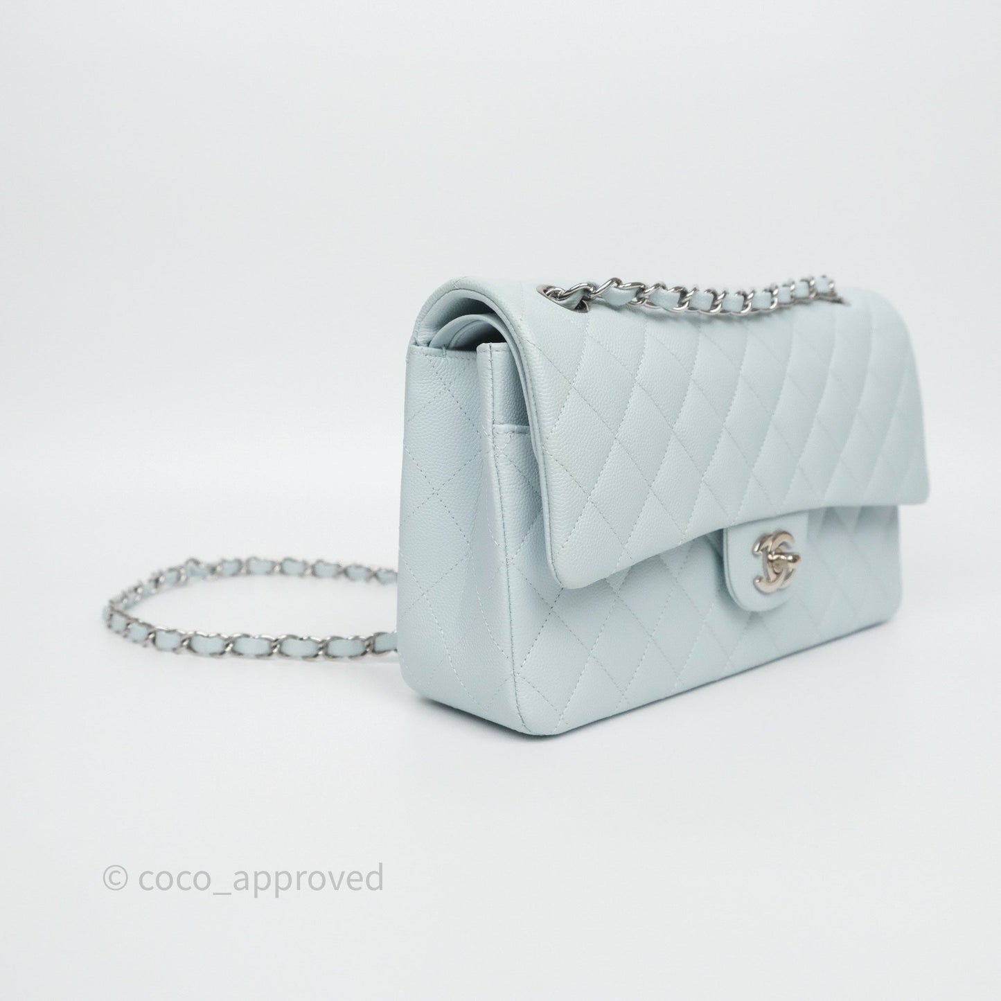 Chanel Classic M/L Medium Flap Quilted Light Blue Caviar Silver Hardware 21K
