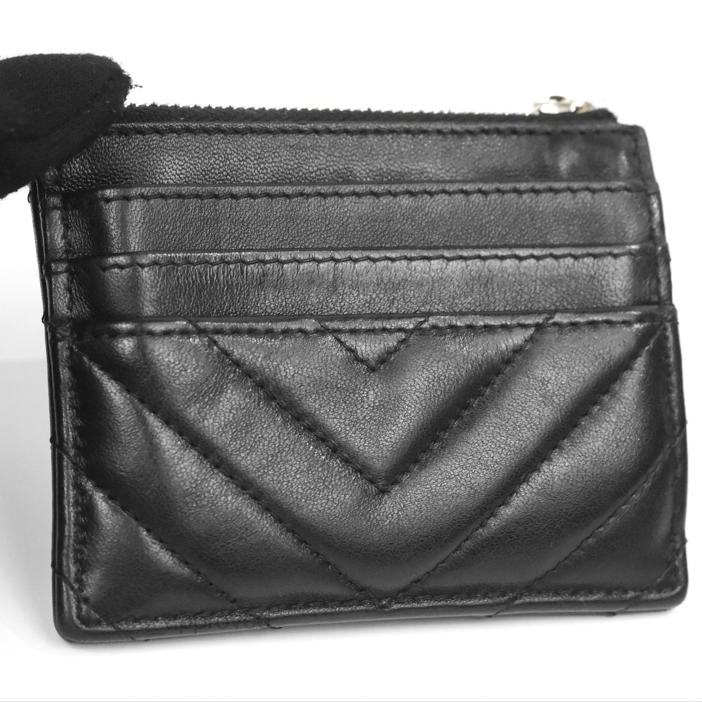 Chanel Chevron CC Zipped Card Holder Black Lambskin Silver Hardware