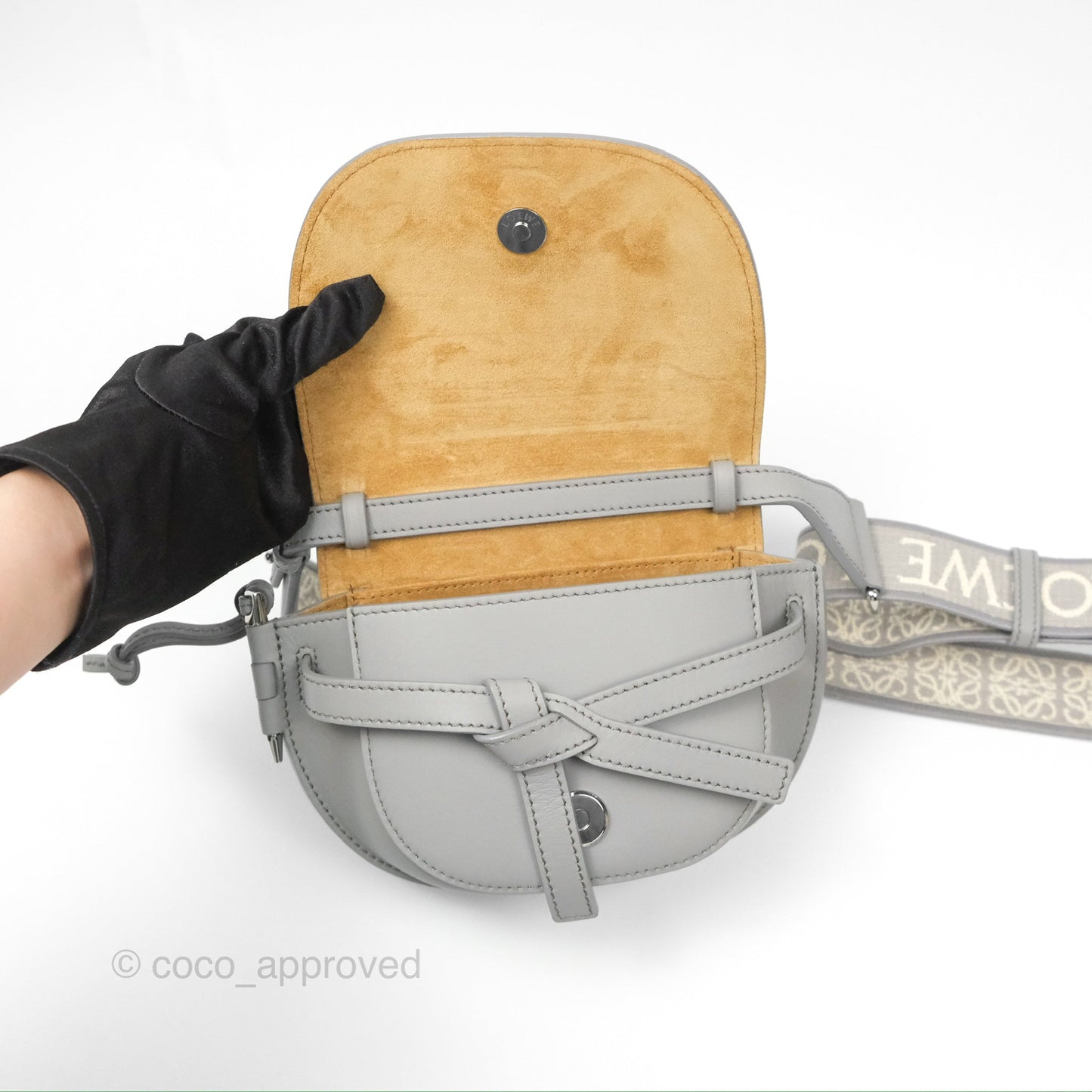 Loewe Mini Gate Dual Bag in Soft Calfskin & Jacquard Strap Light Grey