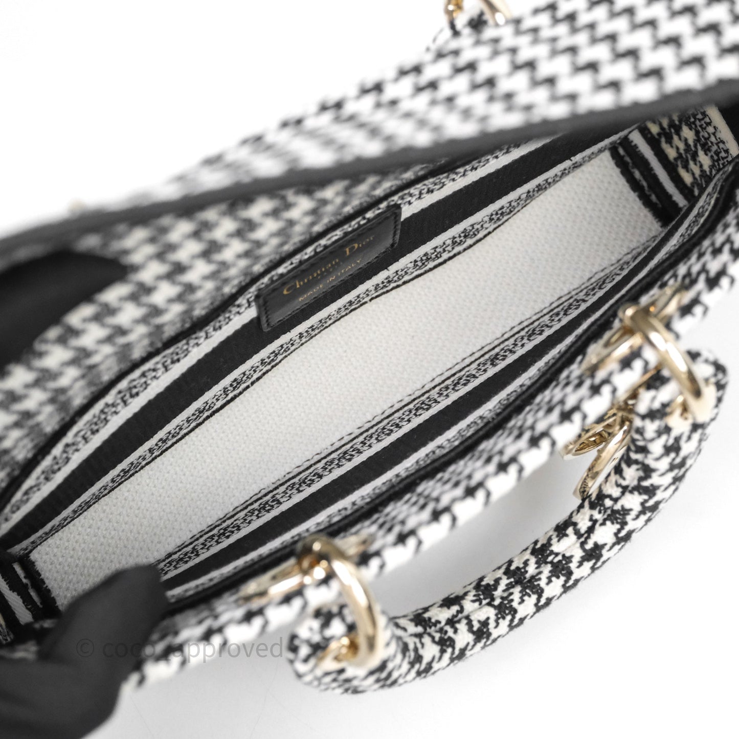 Christian Dior Medium Lady D-Joy Bag Black White Houndstooth Gold Hardware
