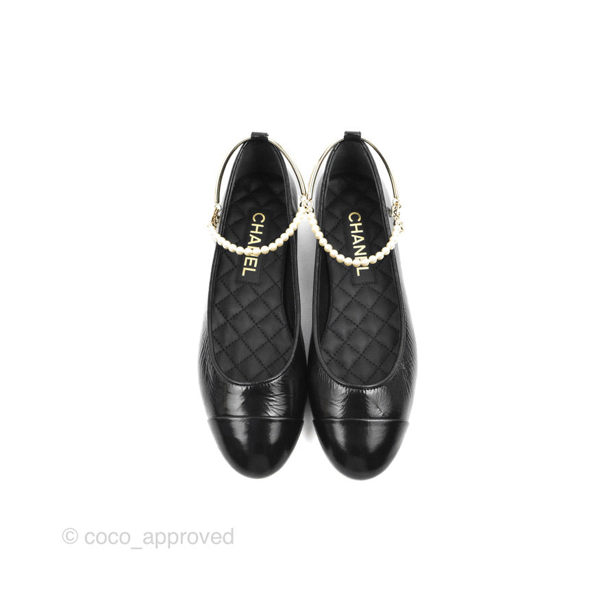 Chanel Ankle Pearl Flat Ballerinas Black Lambskin 23C Sizes 37