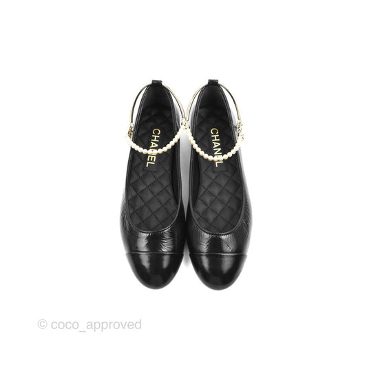 Chanel Ankle Pearl Flat Ballerinas Black Lambskin 23C Sizes 37