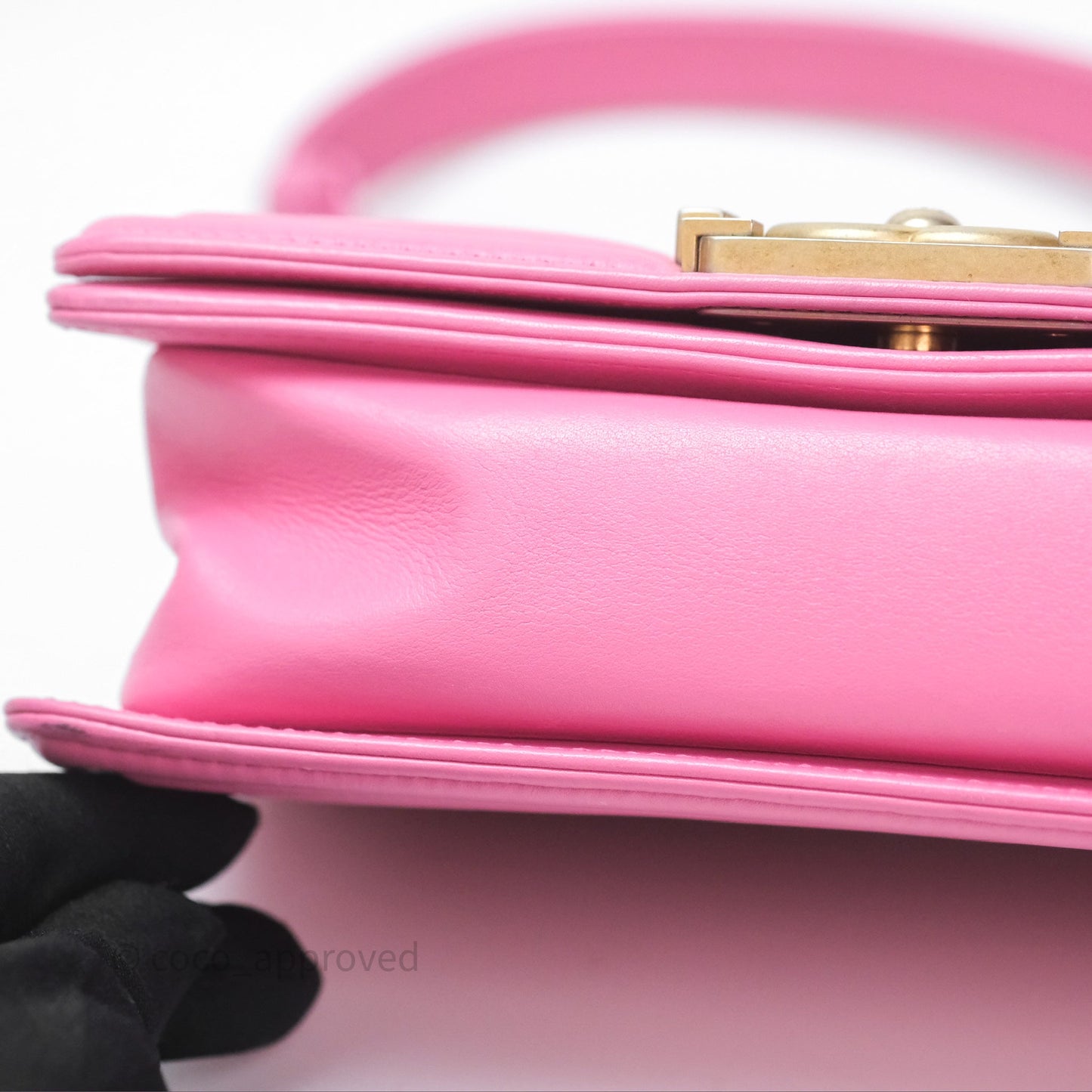 Chanel Small Boy Pink Calfskin Aged Gold Hardware